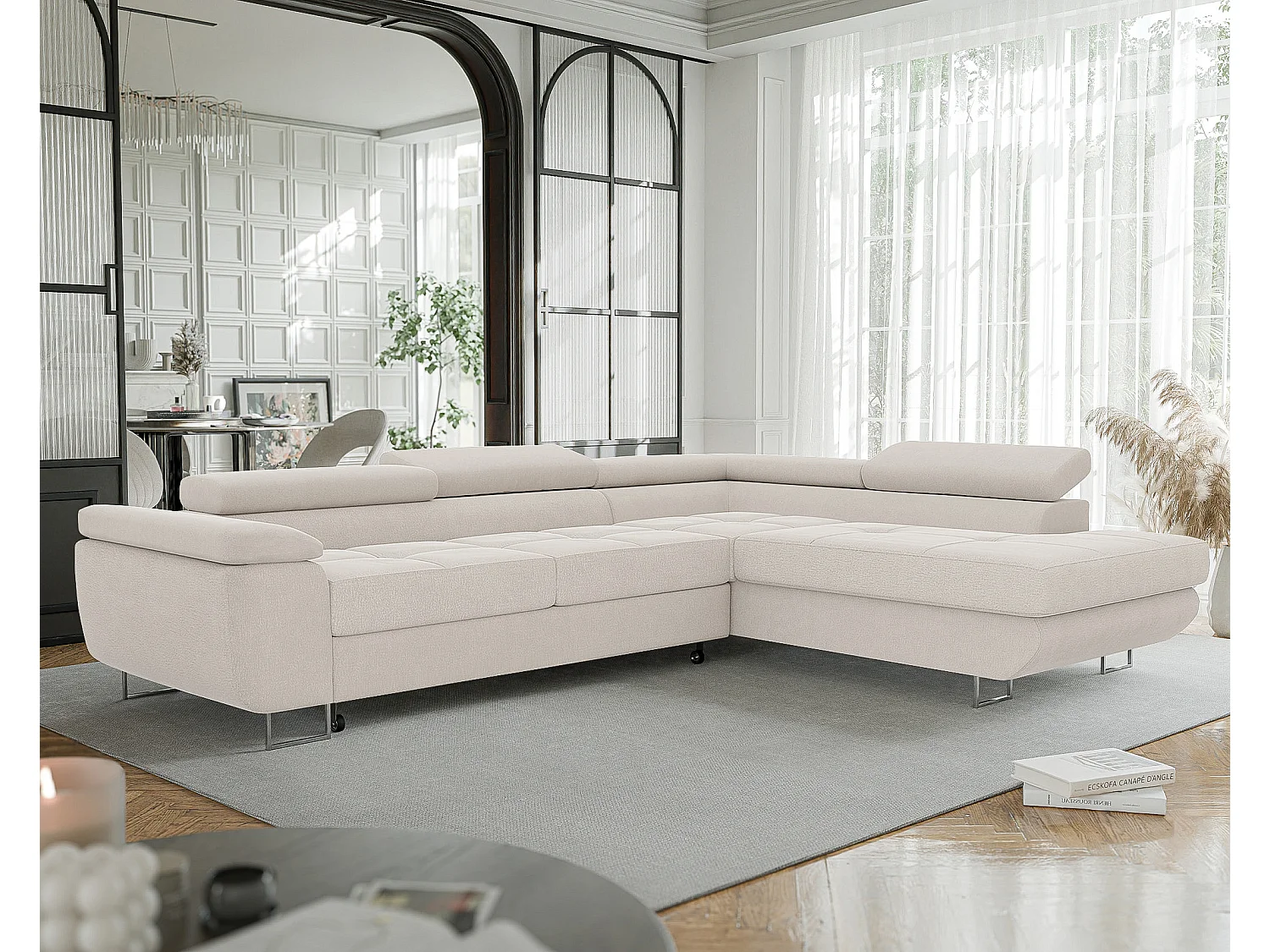 Canapé d'angle droit convertible en tissu beige