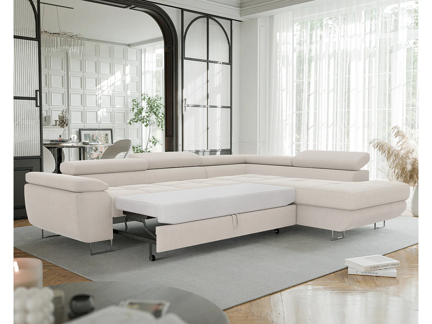 Canapé d'angle droit convertible en tissu beige