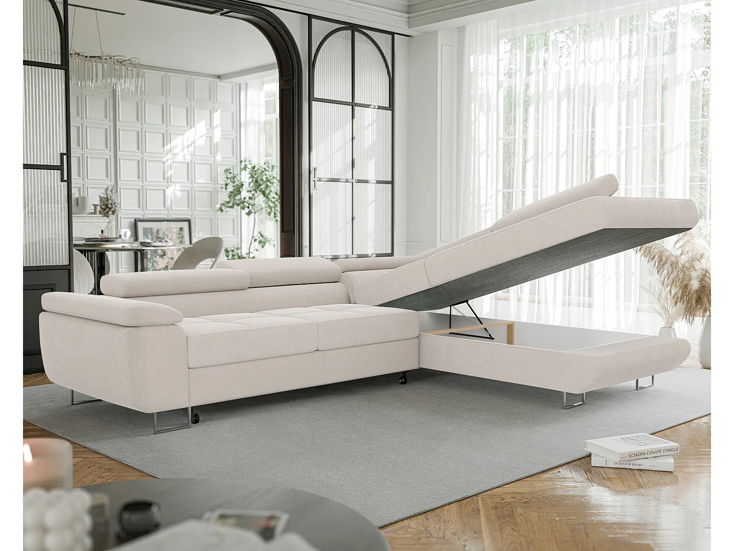 Canapé d'angle droit convertible en tissu beige