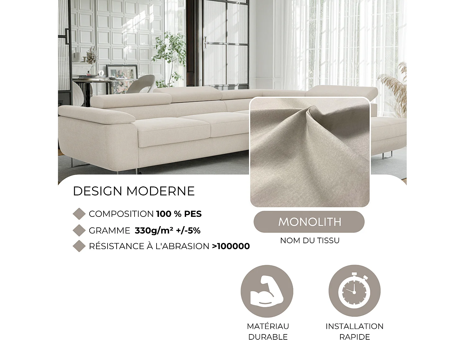 Canapé d'angle droit convertible en tissu beige