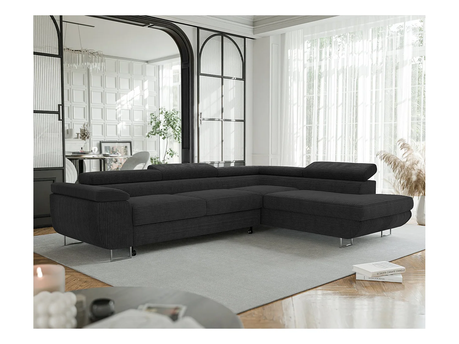 Canapé d'angle droit convertible en tissu noir