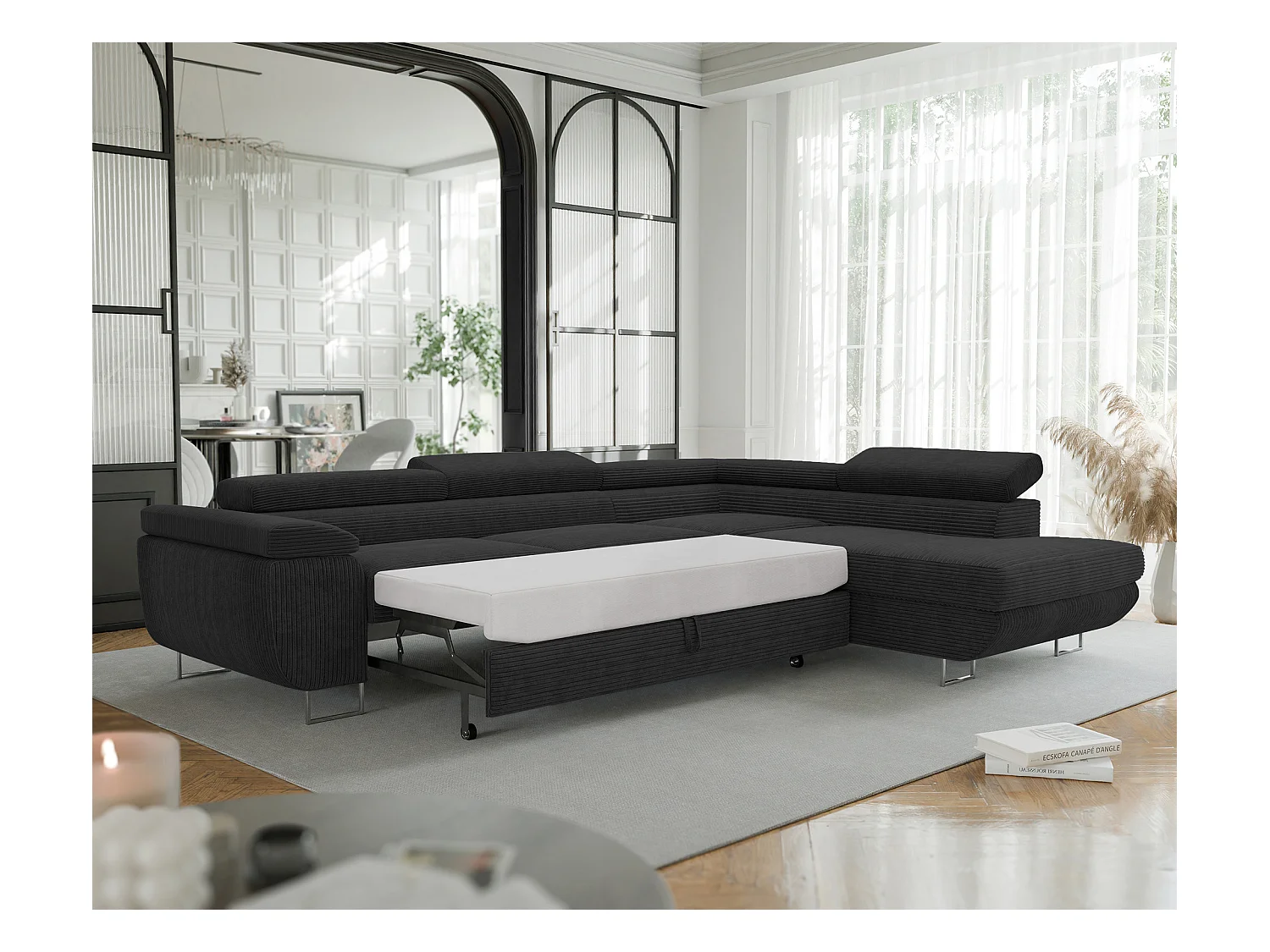 Canapé d'angle droit convertible en tissu noir