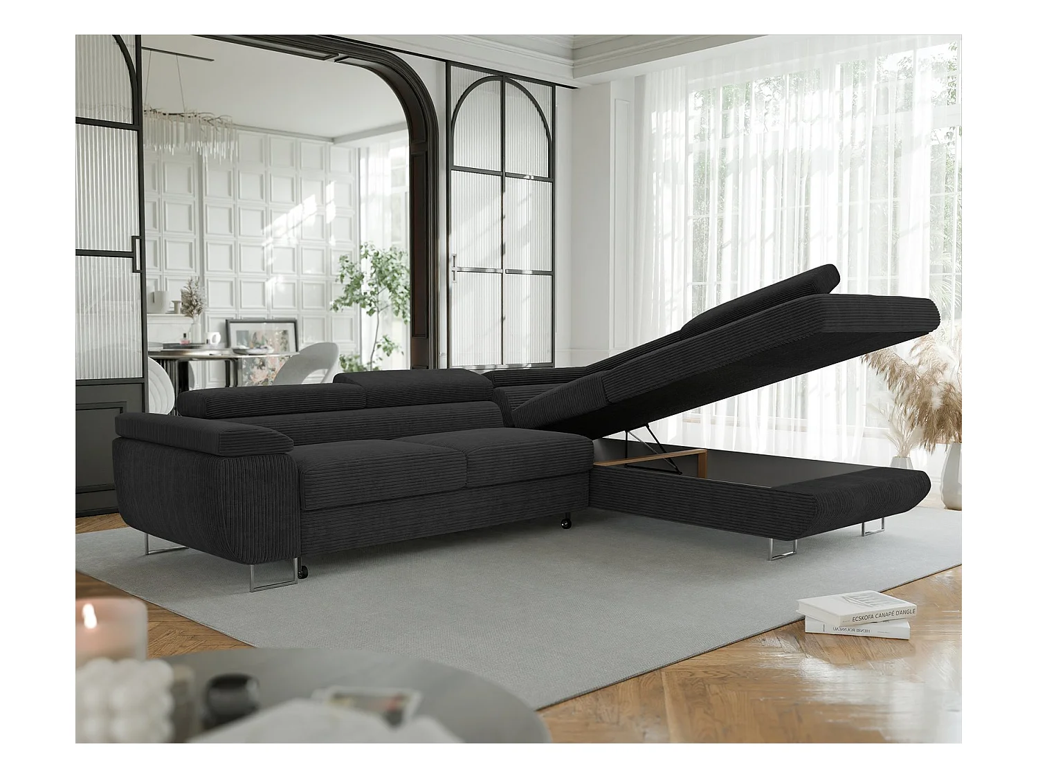 Canapé d'angle droit convertible en tissu noir