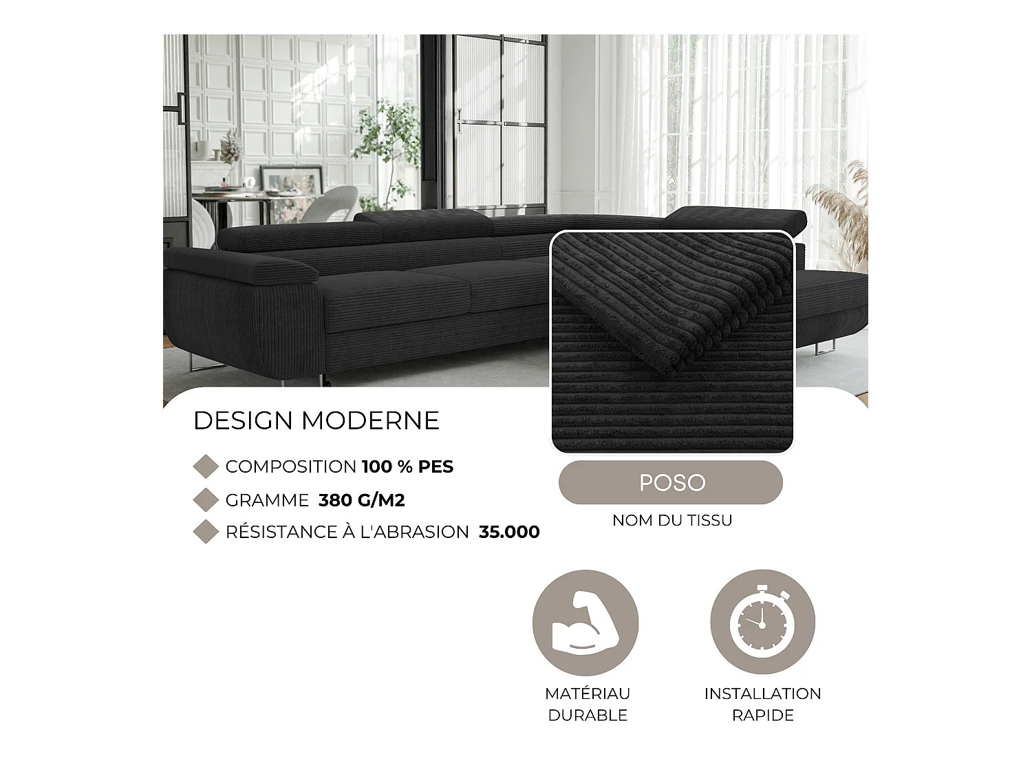 Canapé d'angle droit convertible en tissu noir