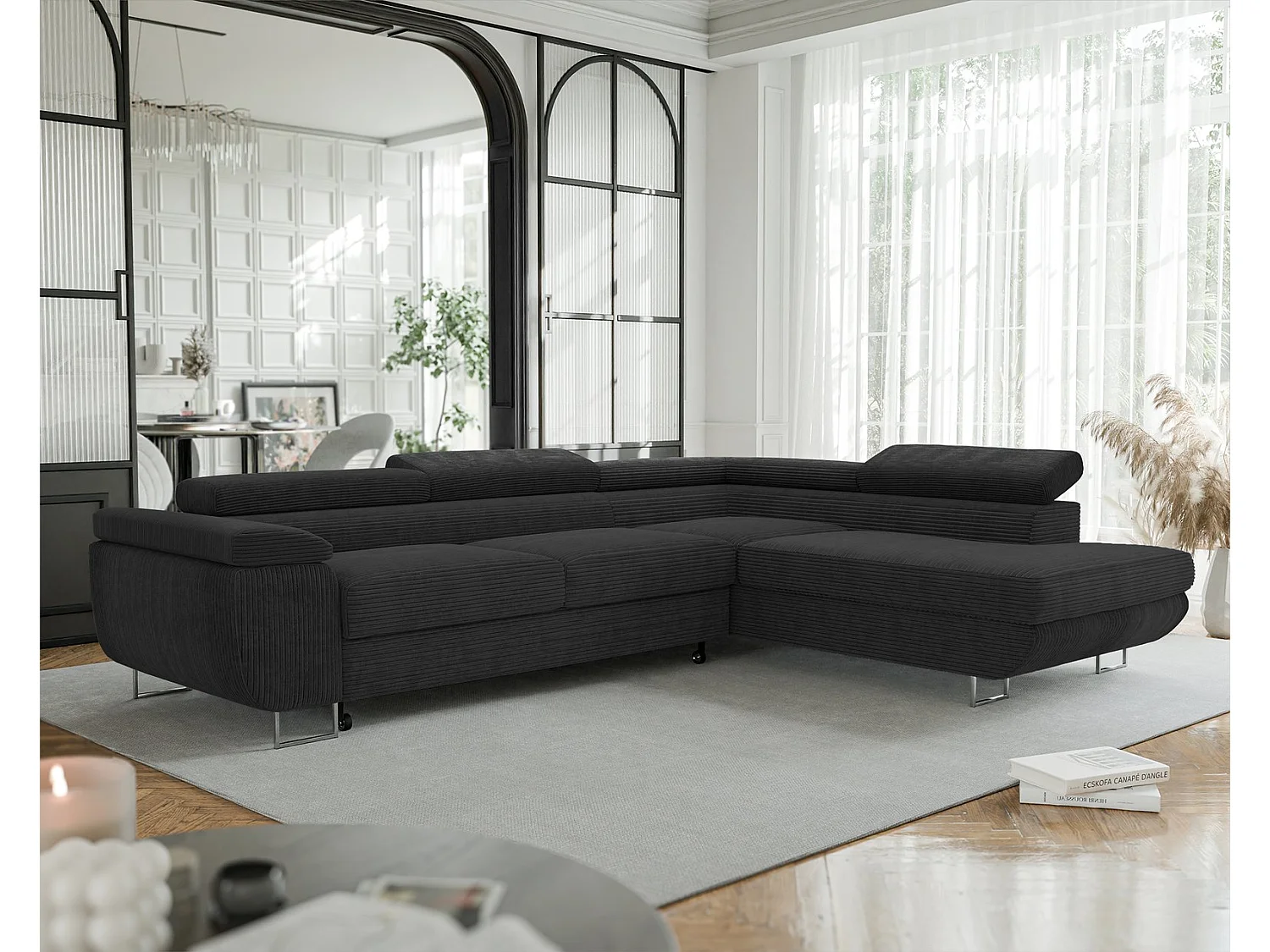 Canapé d'angle droit convertible en tissu noir