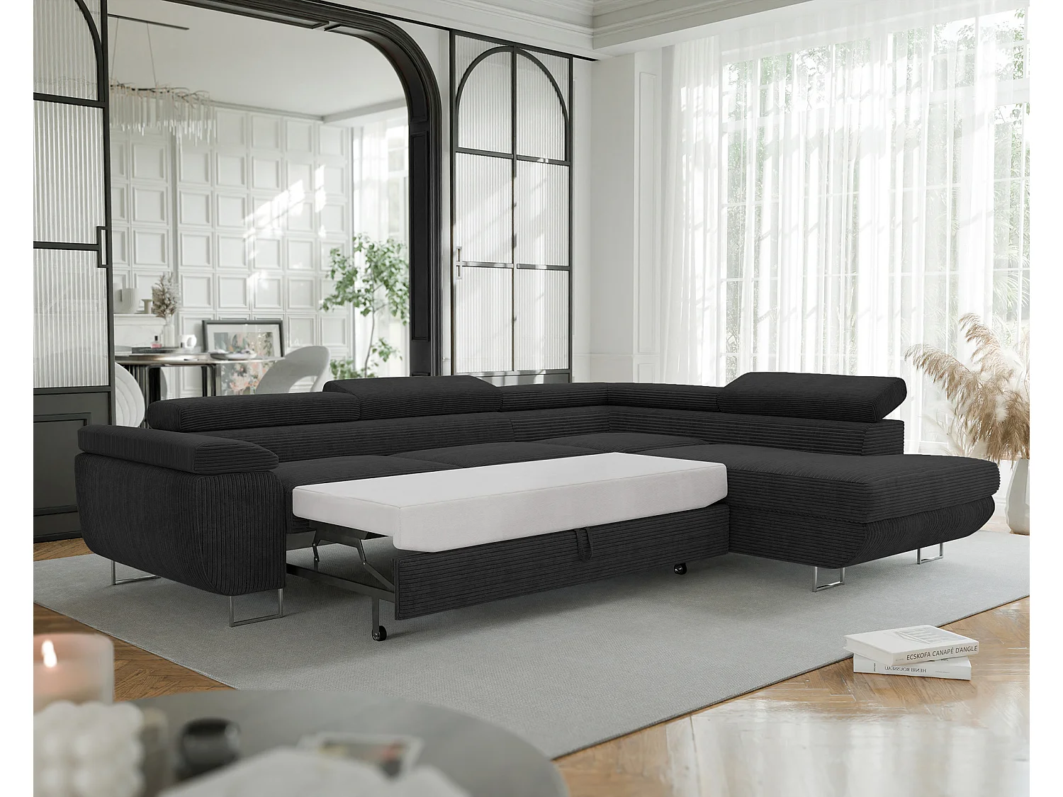 Canapé d'angle droit convertible en tissu noir