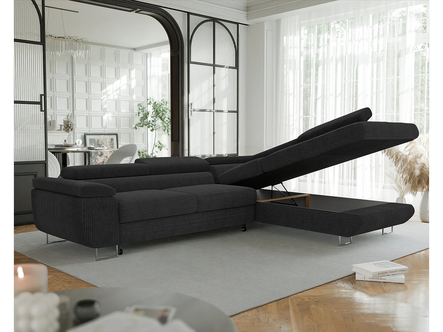 Canapé d'angle droit convertible en tissu noir