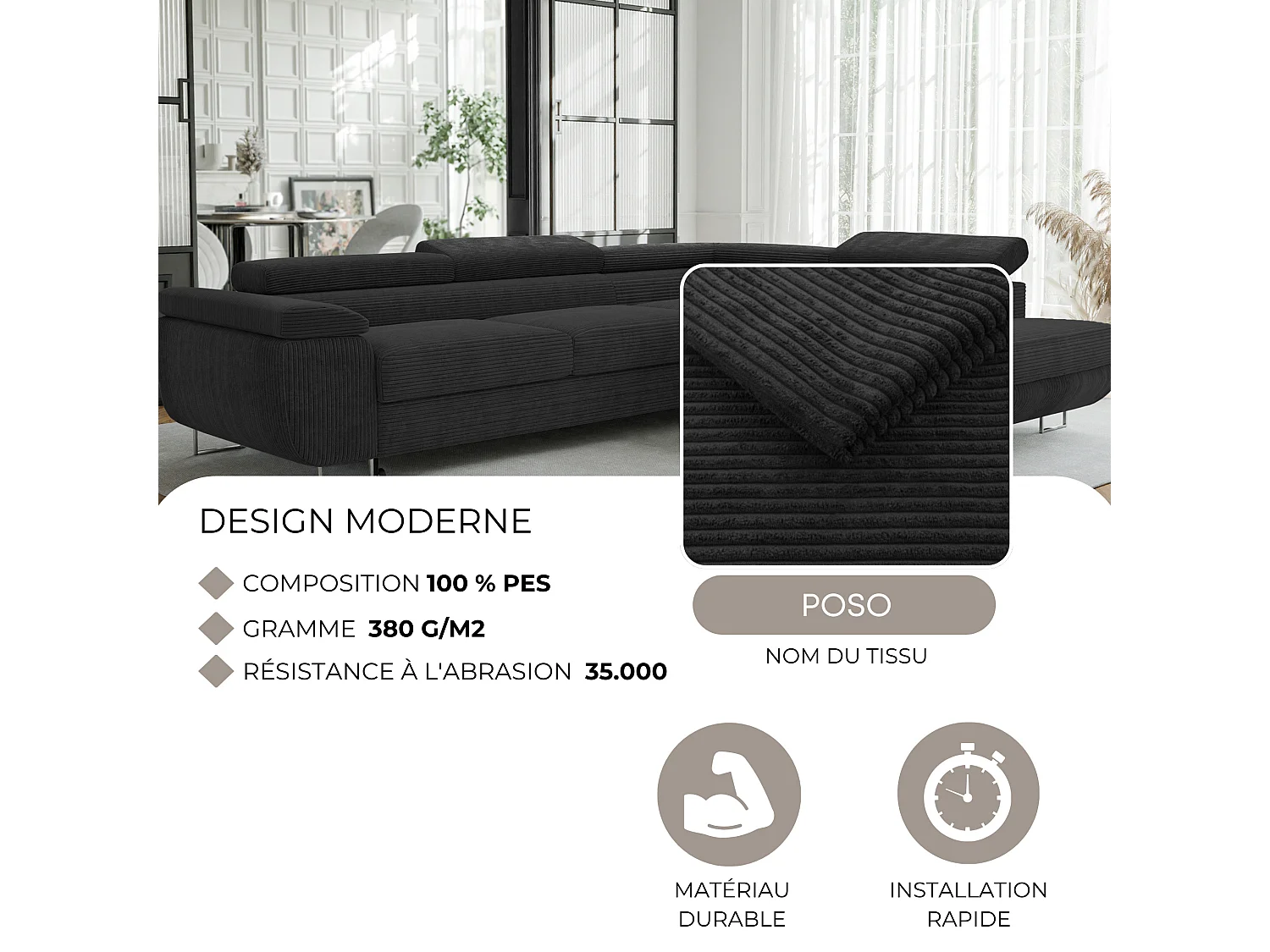 Canapé d'angle droit convertible en tissu noir