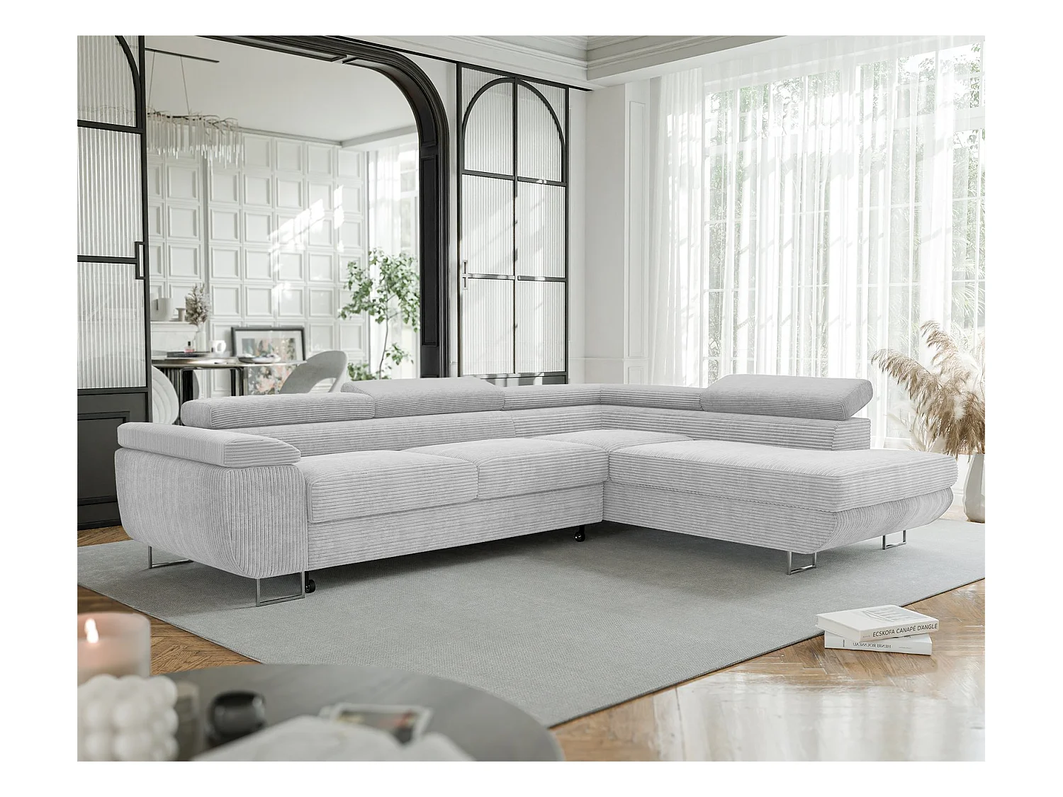 Canapé d'angle droit convertible en tissu gris clair