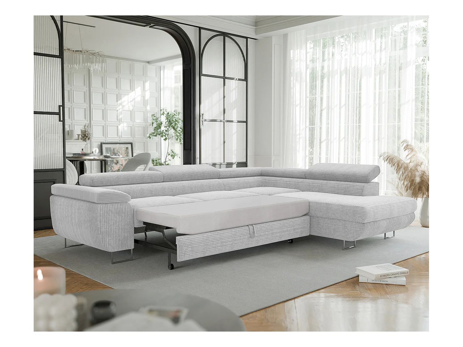 Canapé d'angle droit convertible en tissu gris clair