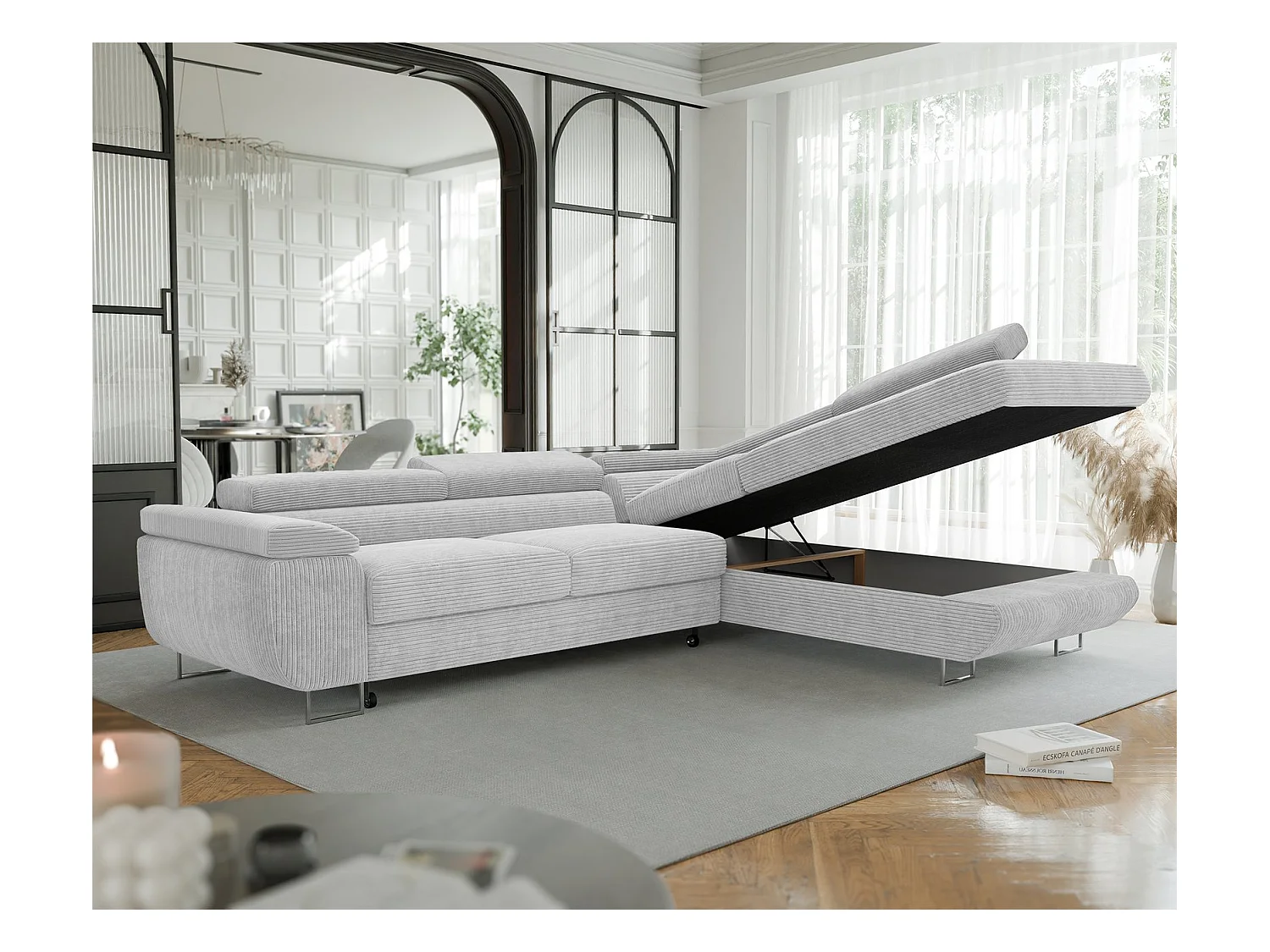 Canapé d'angle droit convertible en tissu gris clair