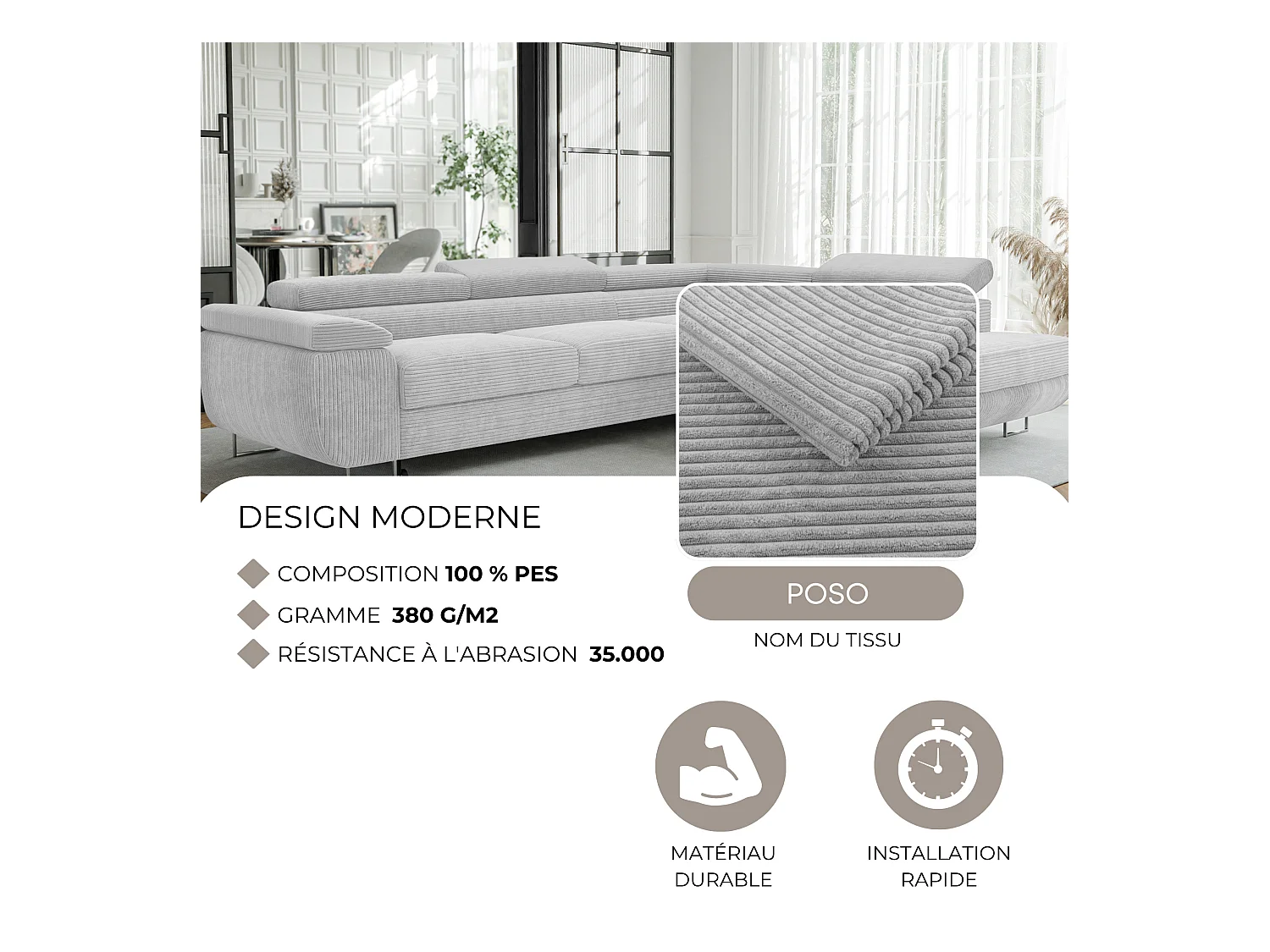 Canapé d'angle droit convertible en tissu gris clair