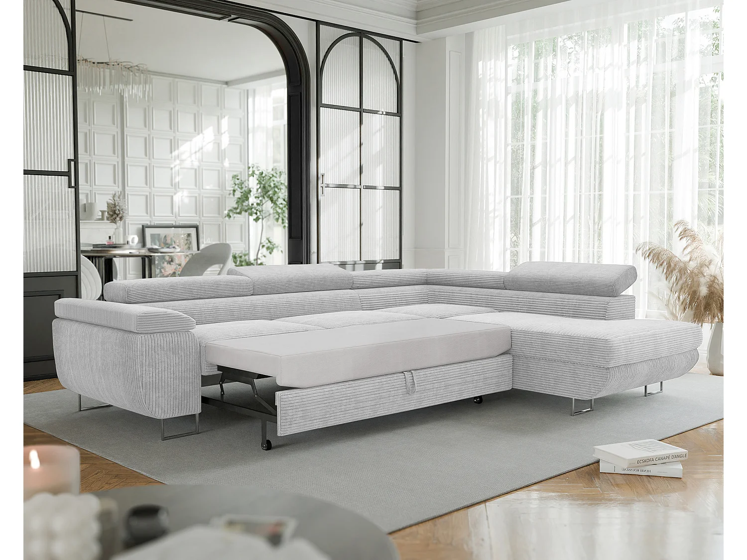 Canapé d'angle droit convertible en tissu gris clair