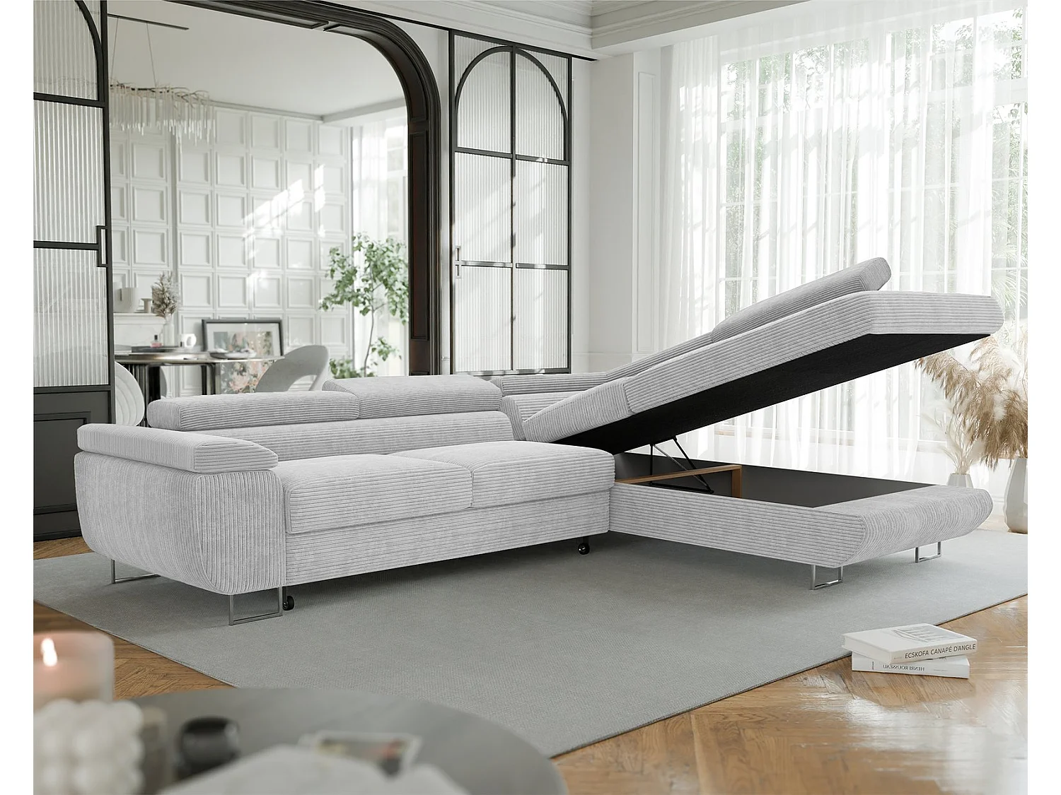 Canapé d'angle droit convertible en tissu gris clair