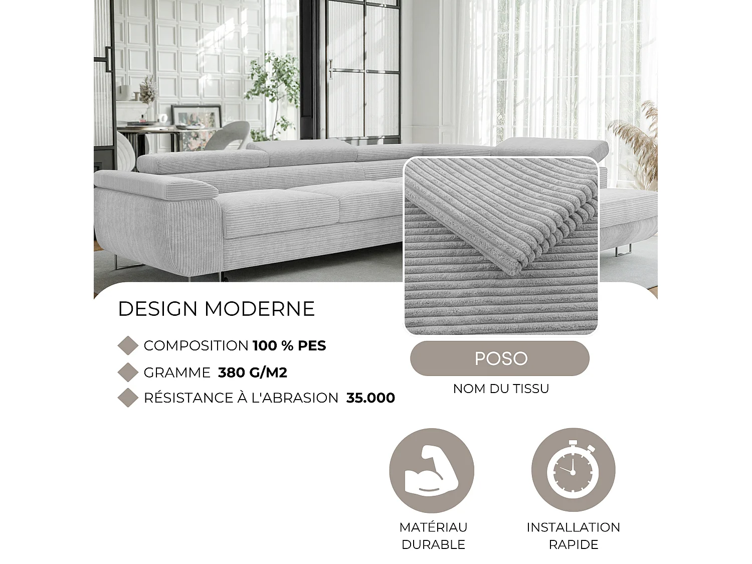 Canapé d'angle droit convertible en tissu gris clair