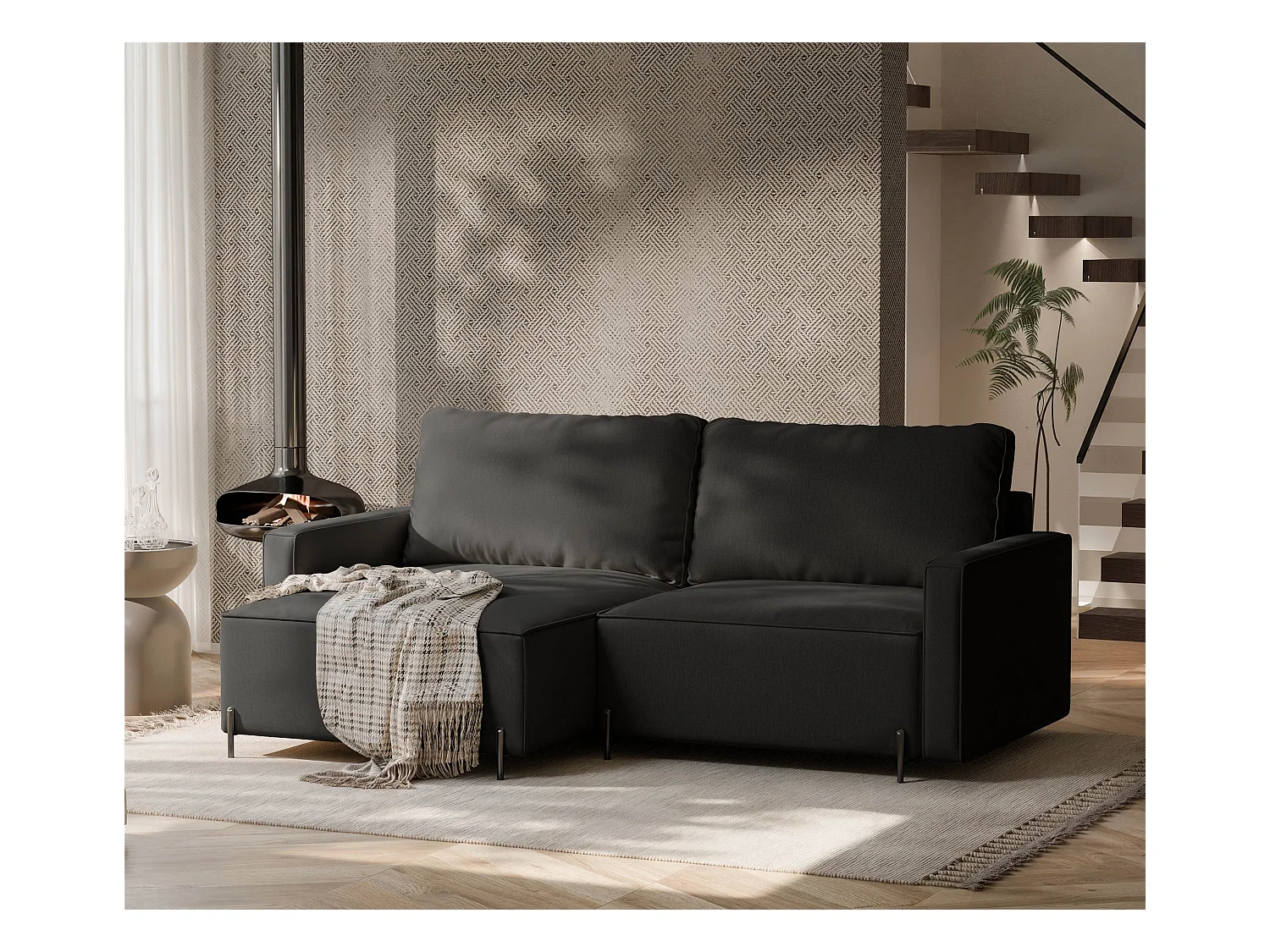 Canapé d'angle gauche convertible, noir