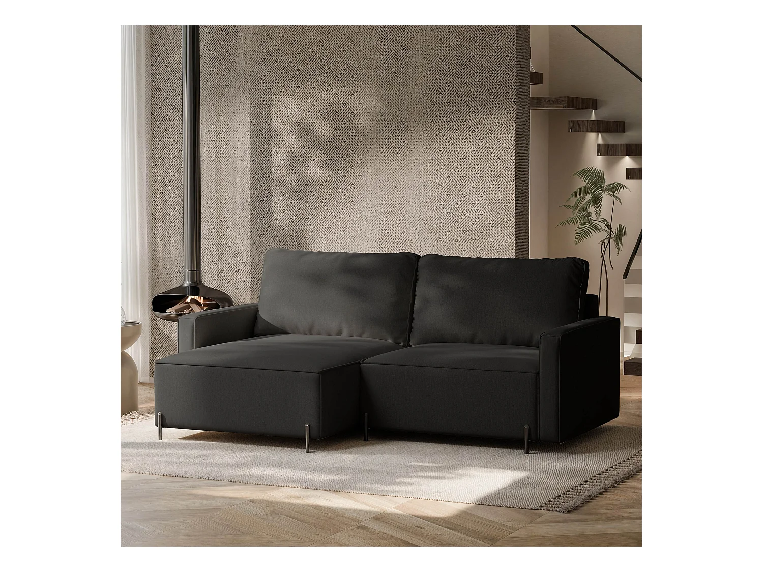Canapé d'angle gauche convertible, noir