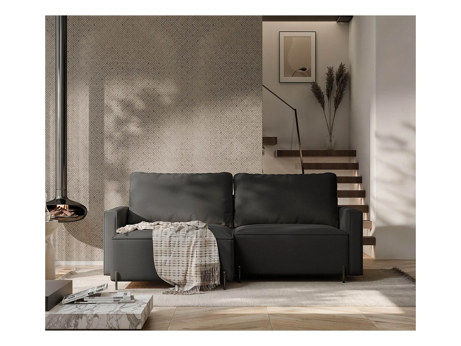 Canapé d'angle gauche convertible, noir