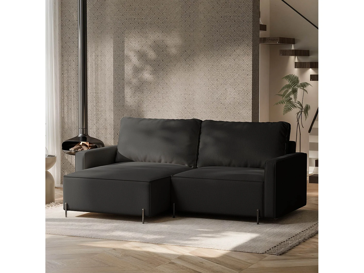 Canapé d'angle gauche convertible, noir