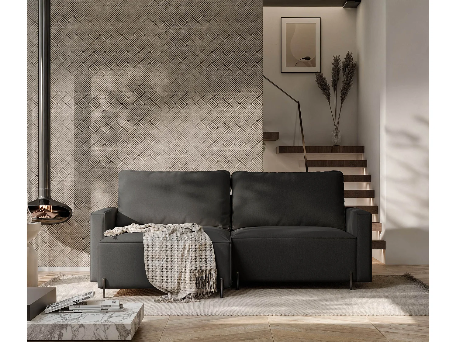 Canapé d'angle gauche convertible, noir