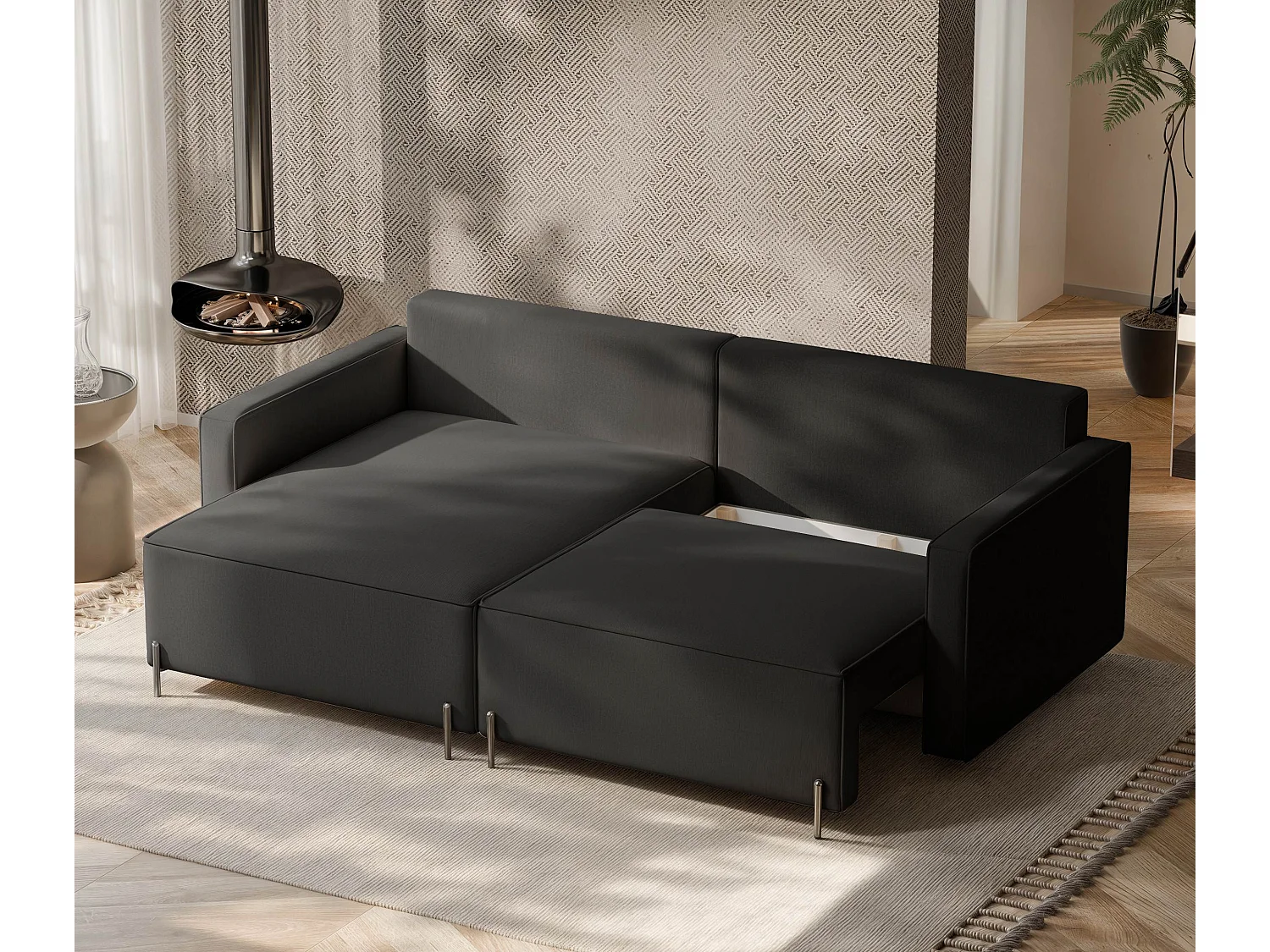 Canapé d'angle gauche convertible, noir