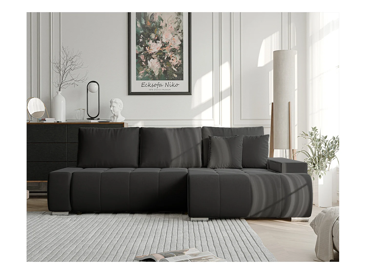 Canapé d'angle droit convertible en velours, gris anthracite