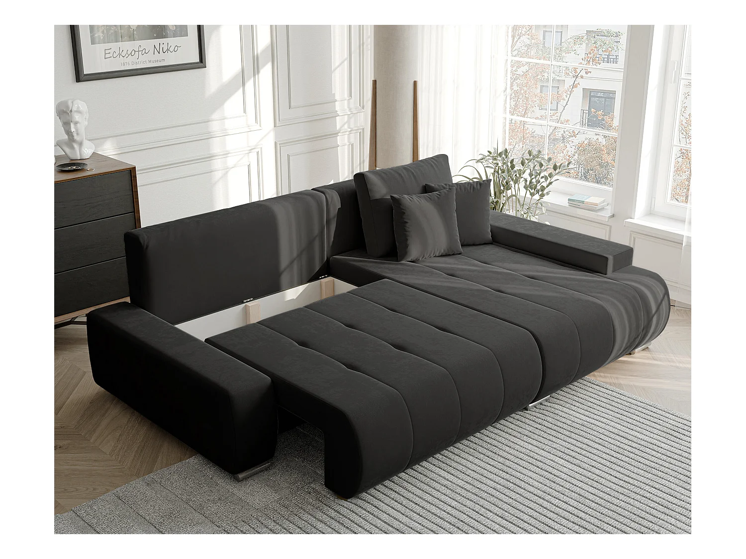 Canapé d'angle droit convertible en velours, gris anthracite