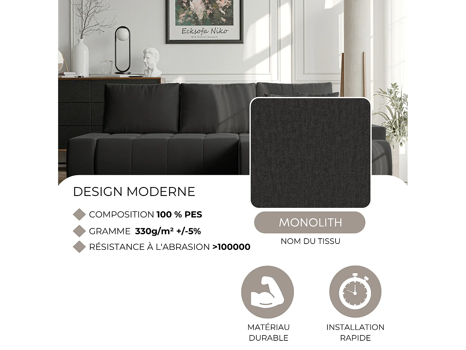 Canapé d'angle droit convertible en velours, gris anthracite