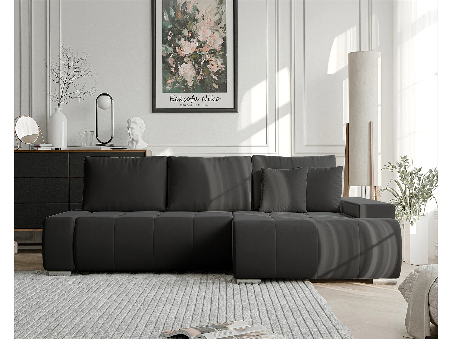 Canapé d'angle droit convertible en velours, gris anthracite