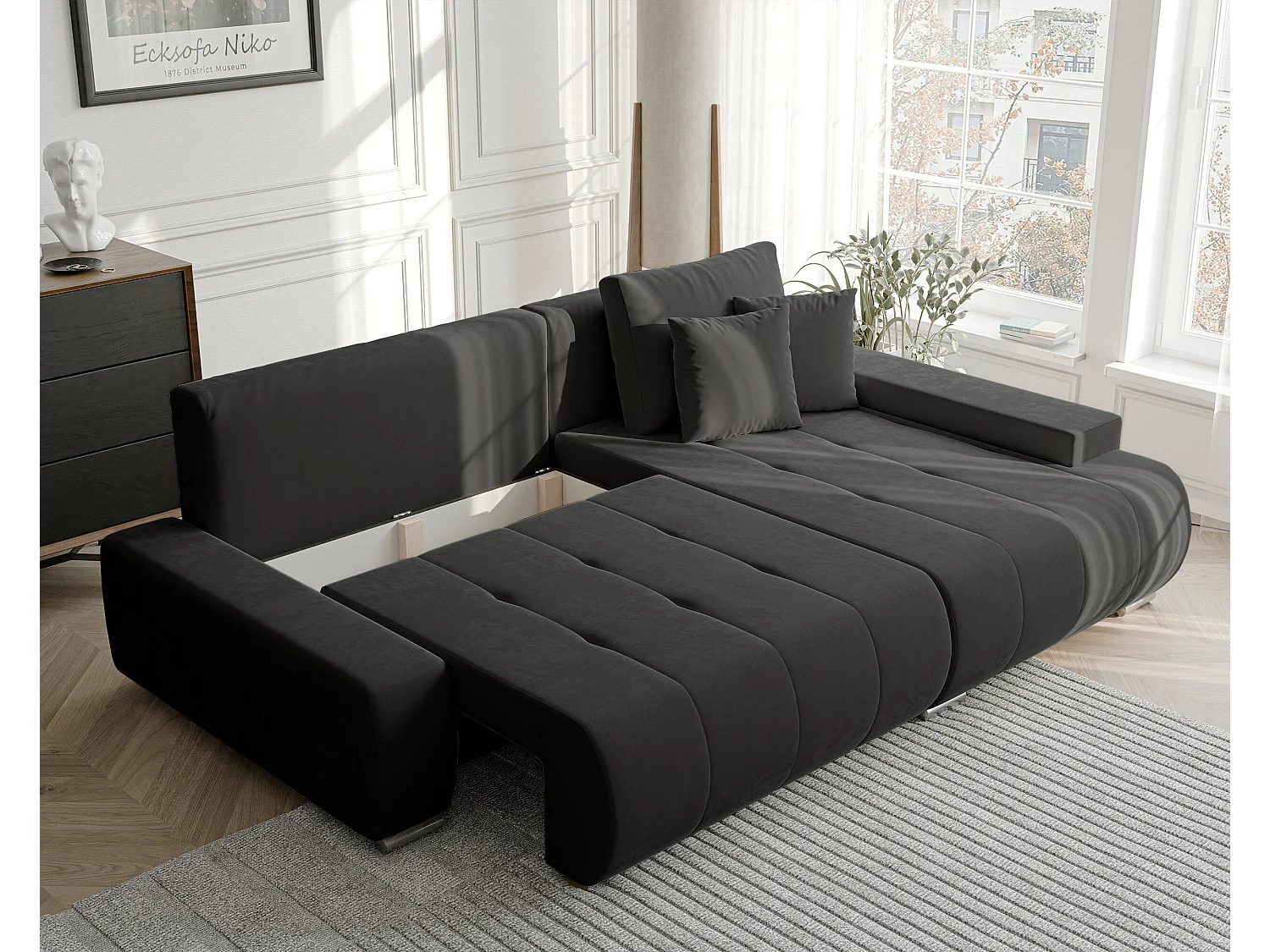 Canapé d'angle droit convertible en velours, gris anthracite