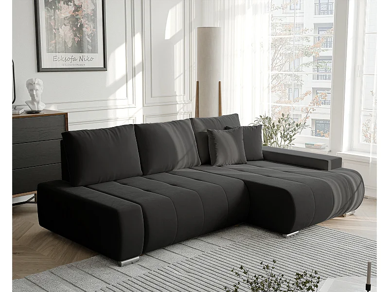 Canapé d'angle droit convertible en velours, gris anthracite