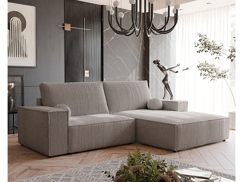 Canapé d'angle droit convertible en velours côtelé, cappuccino
