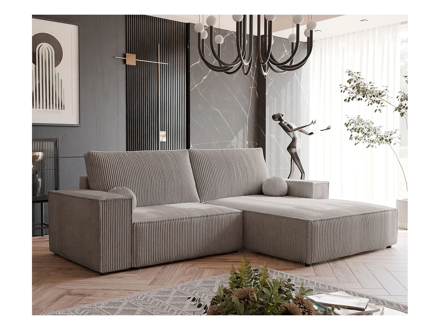 Canapé d'angle droit convertible en velours côtelé, cappuccino