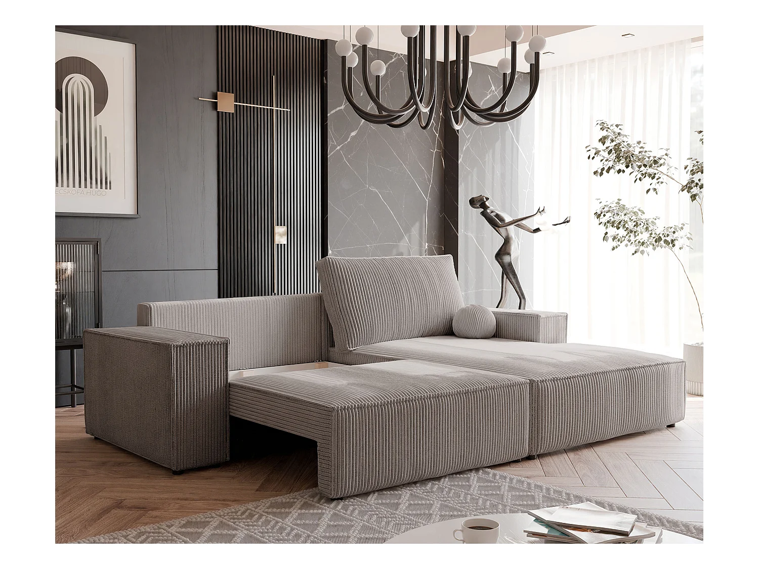 Canapé d'angle droit convertible en velours côtelé, cappuccino