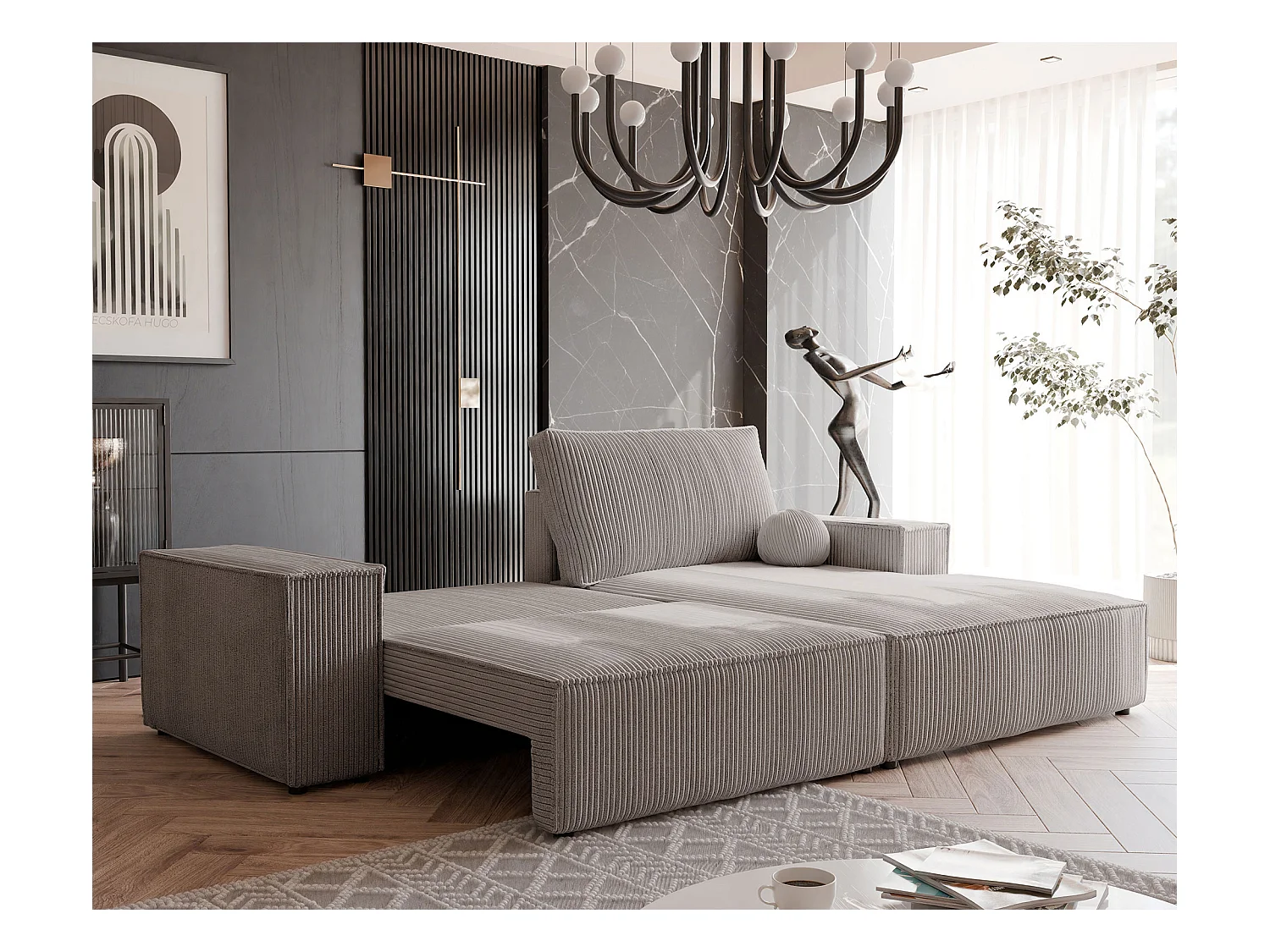 Canapé d'angle droit convertible en velours côtelé, cappuccino