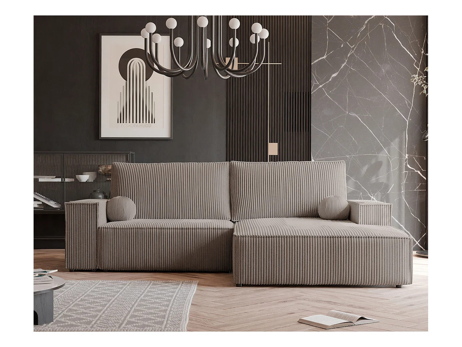Canapé d'angle droit convertible en velours côtelé, cappuccino