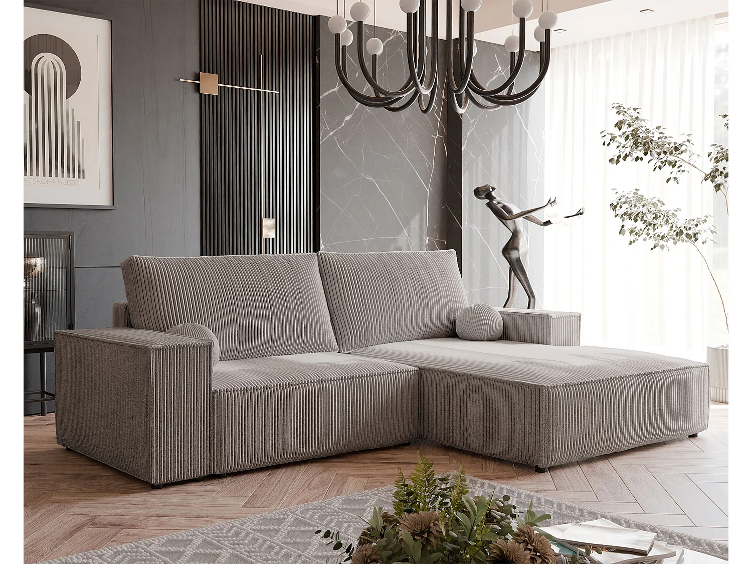 Canapé d'angle droit convertible en velours côtelé, cappuccino