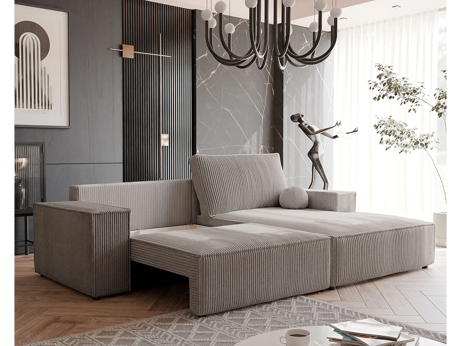 Canapé d'angle droit convertible en velours côtelé, cappuccino