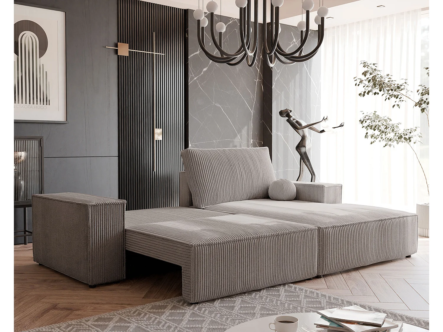 Canapé d'angle droit convertible en velours côtelé, cappuccino