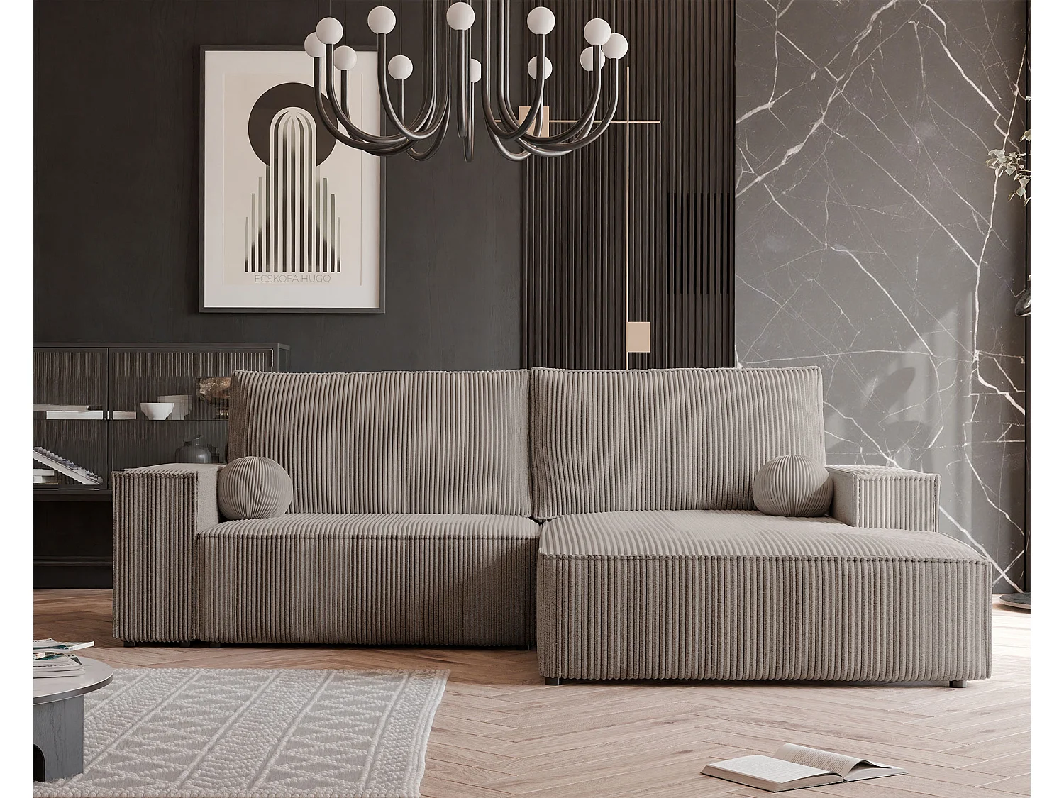 Canapé d'angle droit convertible en velours côtelé, cappuccino