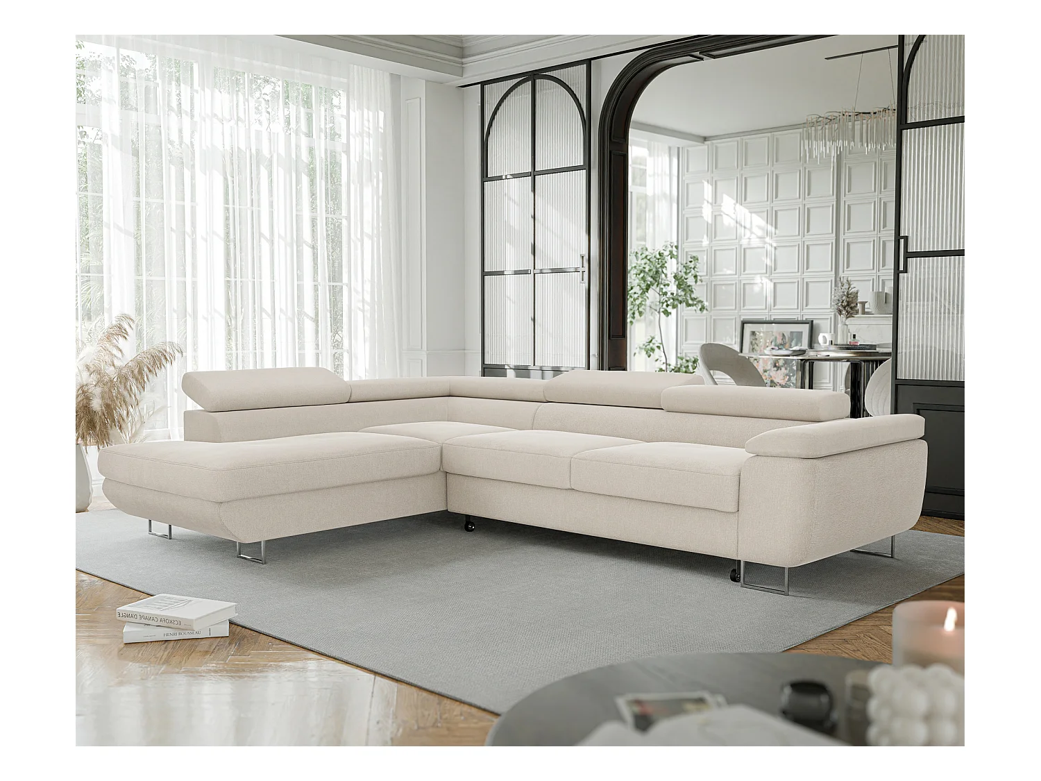 Canapé d'angle gauche convertible en tissu beige