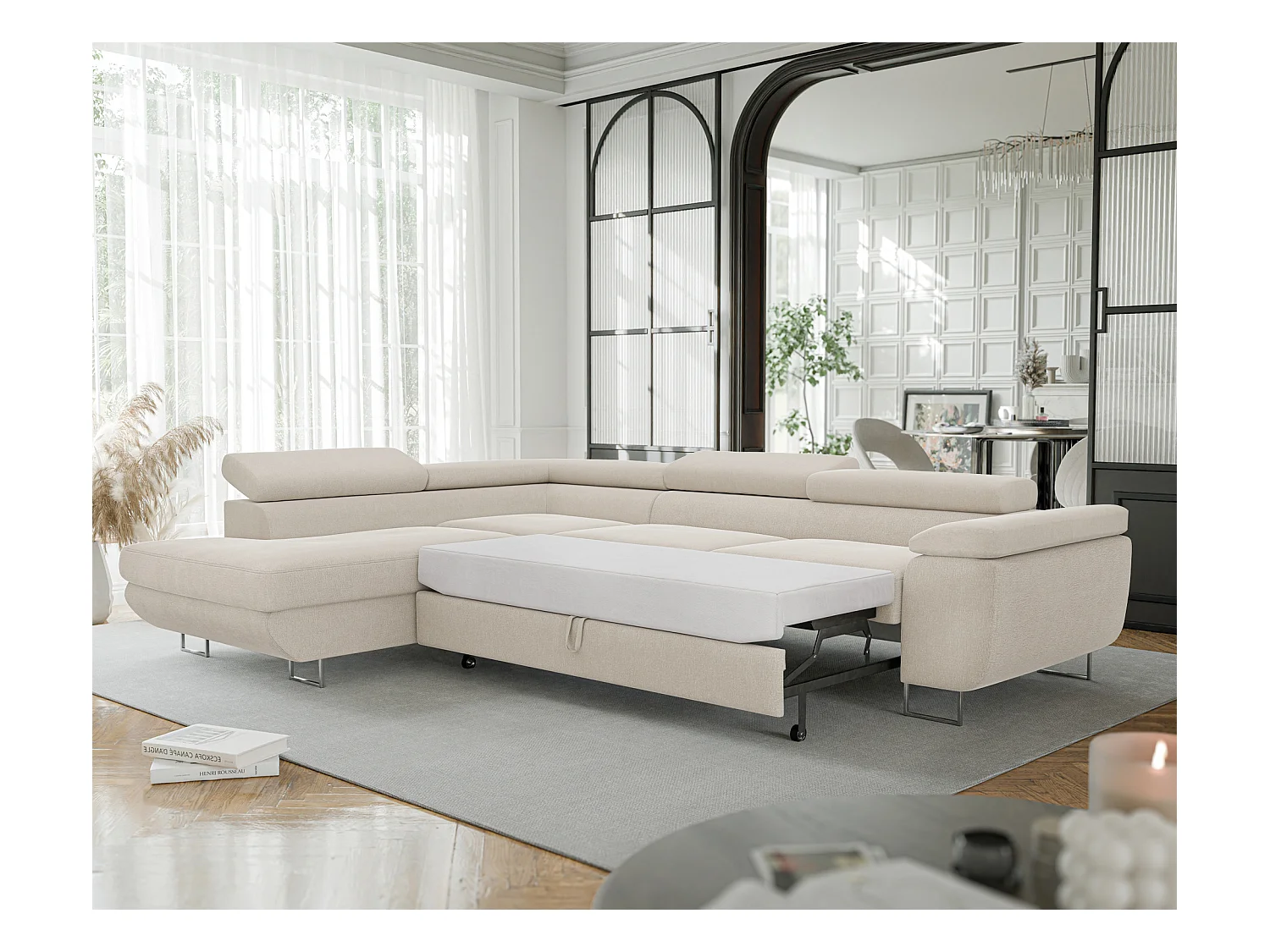 Canapé d'angle gauche convertible en tissu beige