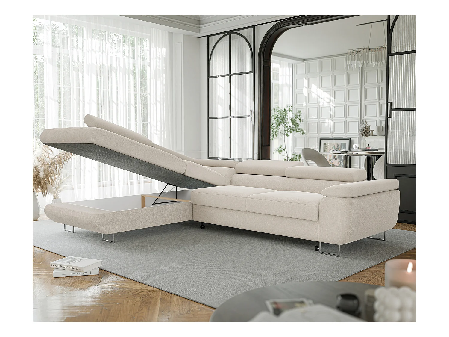 Canapé d'angle gauche convertible en tissu beige