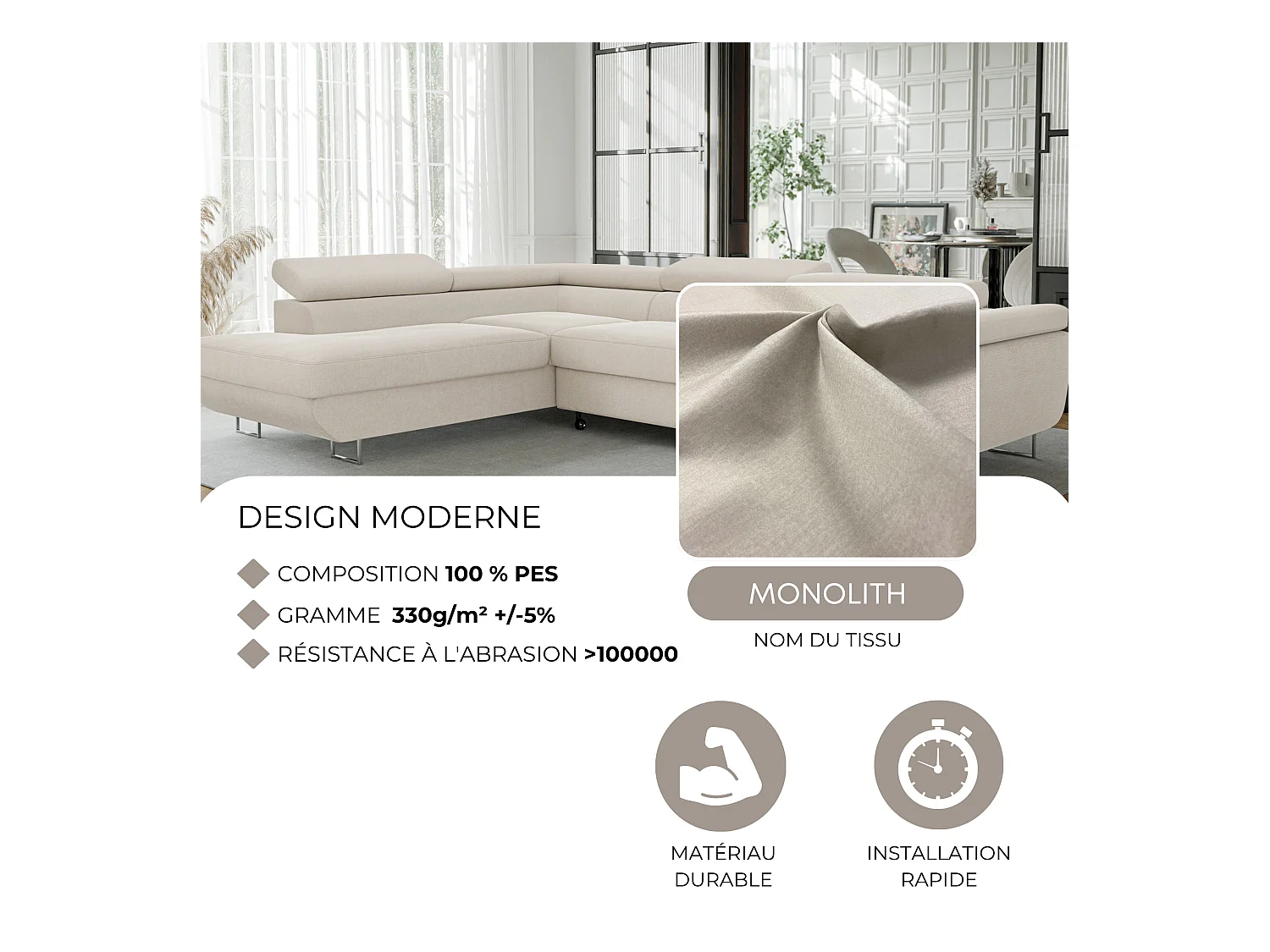 Canapé d'angle gauche convertible en tissu beige