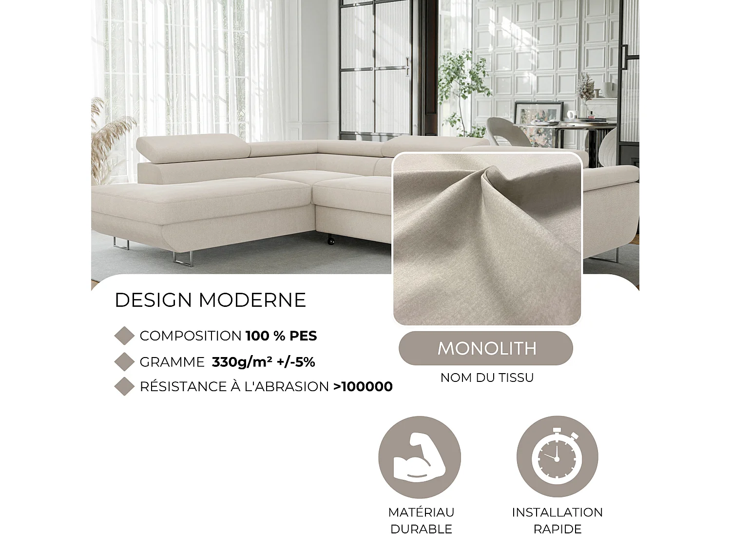 Canapé d'angle gauche convertible en tissu beige