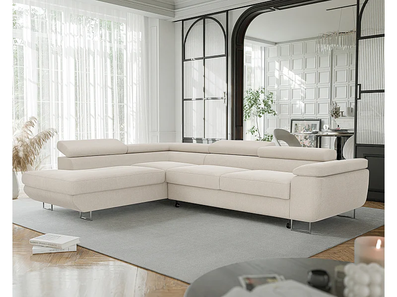 Canapé d'angle gauche convertible en tissu beige