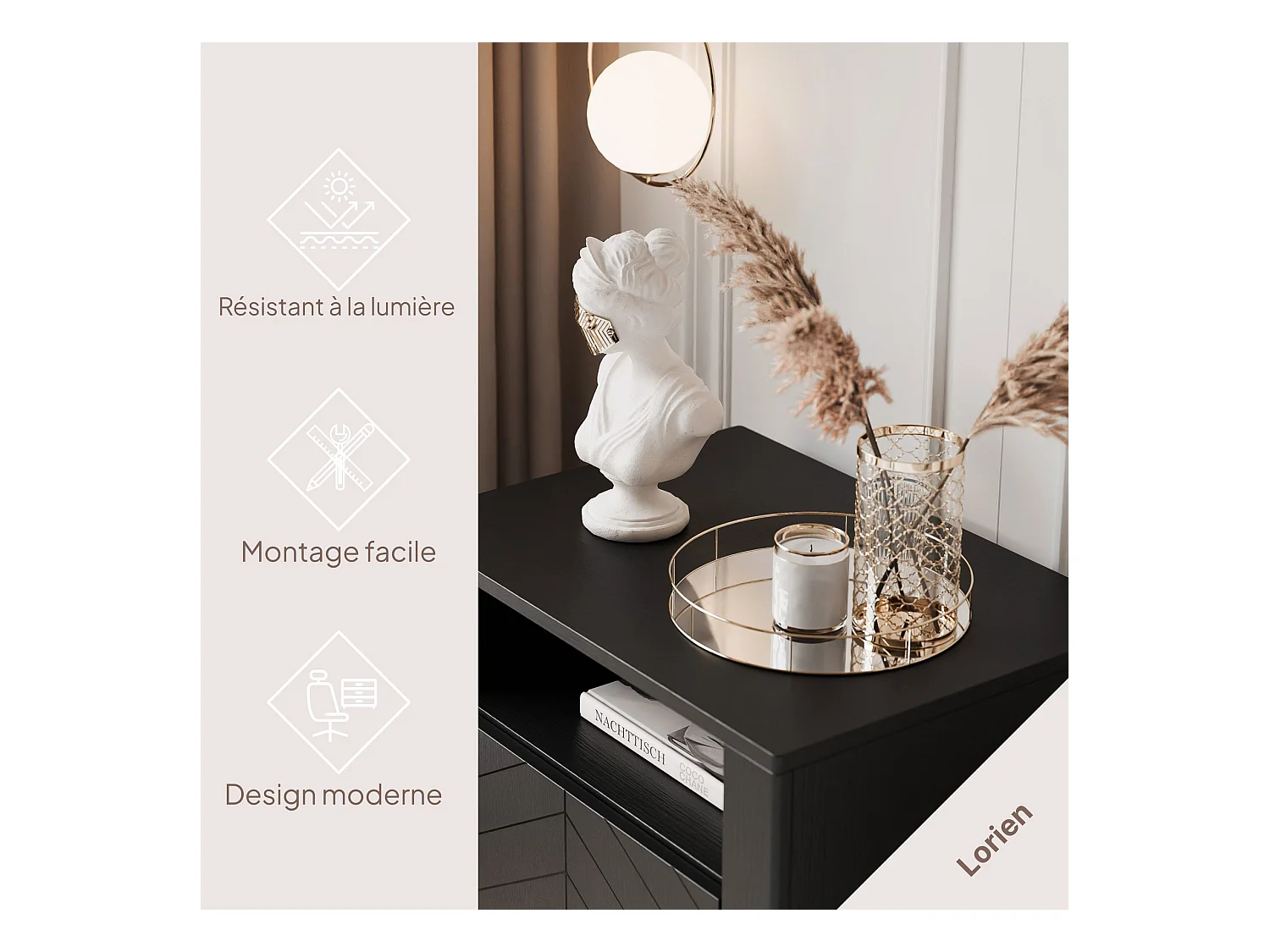 Table de chevet avec 1 porte - Noir - LORIEN