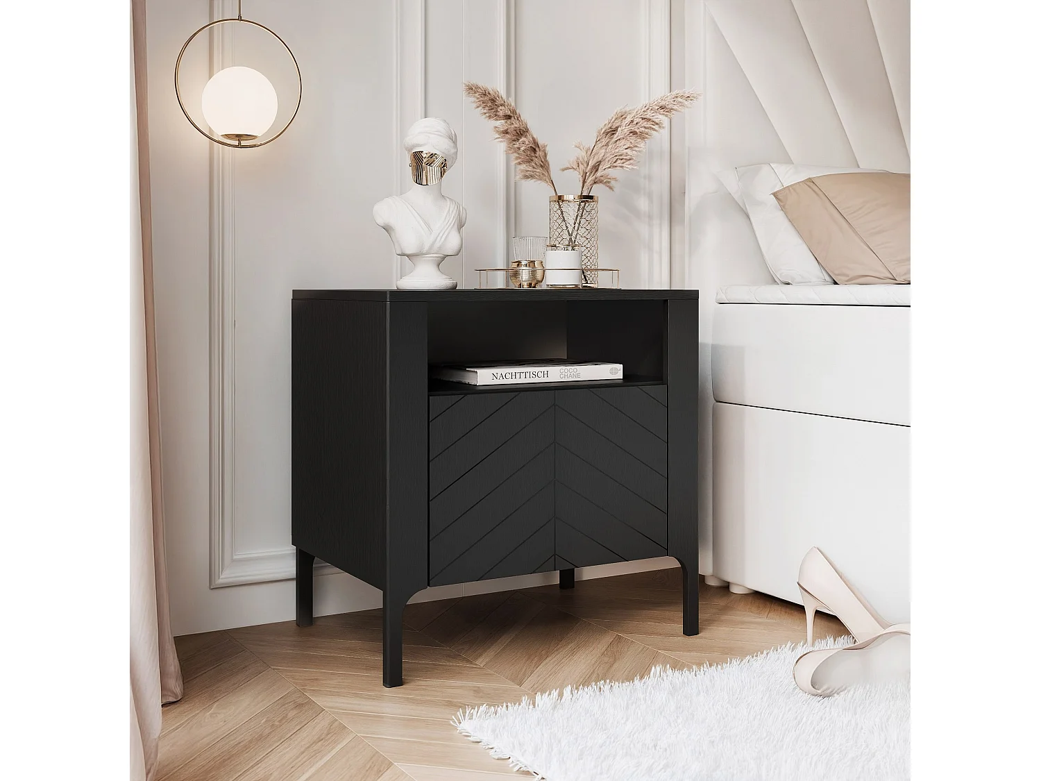 Table de chevet avec 1 porte - Noir - LORIEN