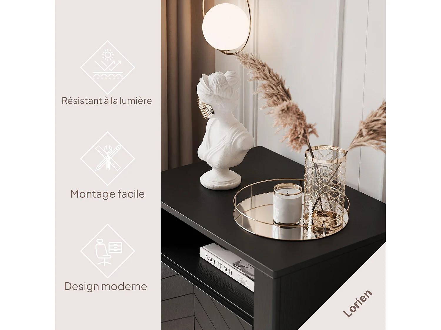 Table de chevet avec 1 porte - Noir - LORIEN