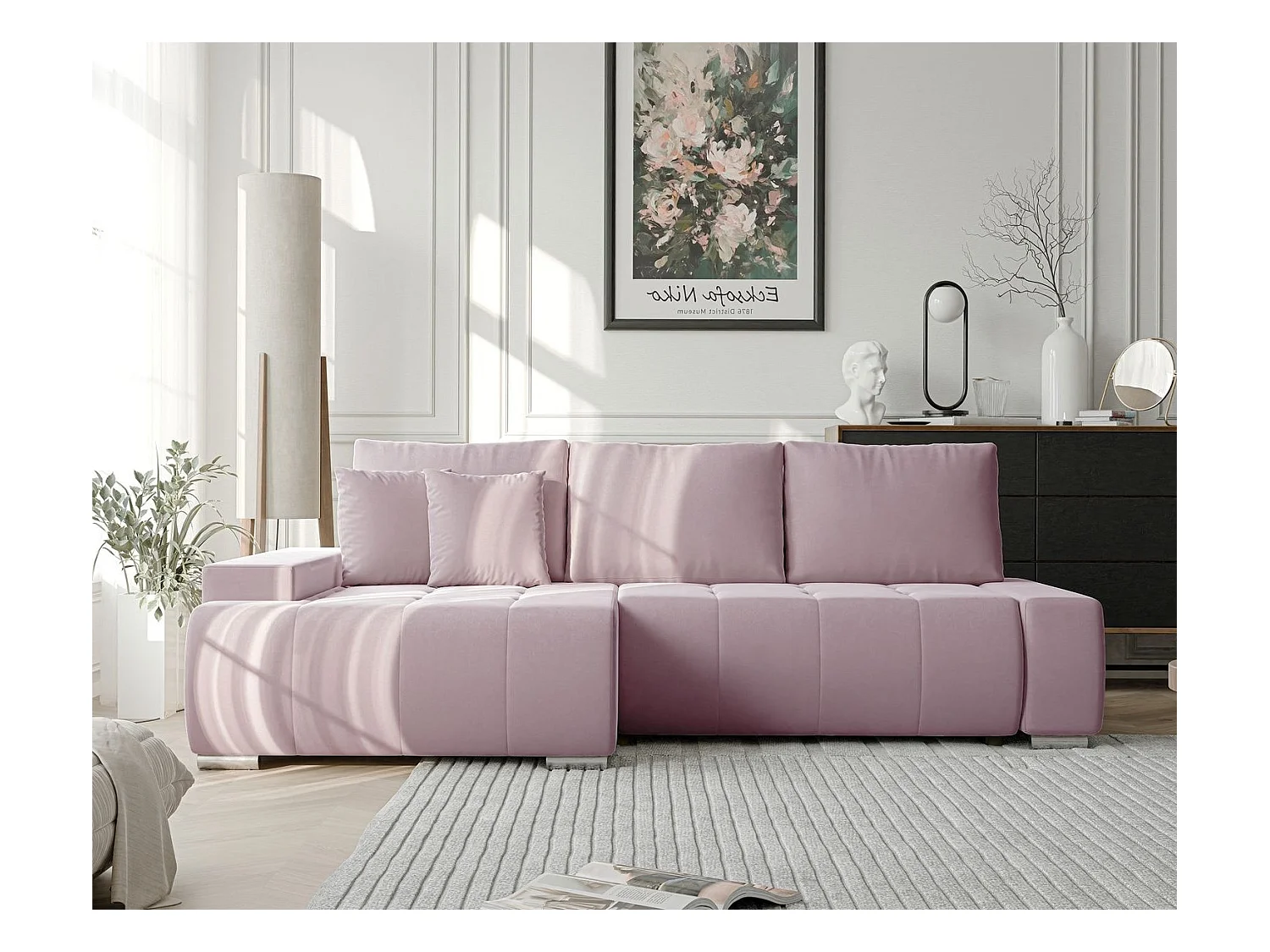 Canapé d'angle gauche convertible en velours, violet